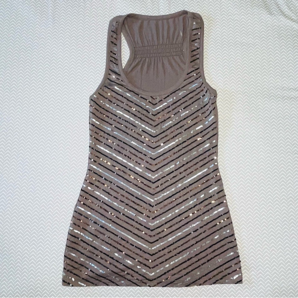 Unbranded Taupe Sequin Chevron Racerback Tank Top Womens Metallic Party Blouse